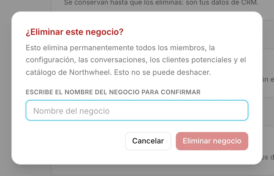 Confirmar la eliminación escribiendo el nombre del negocio