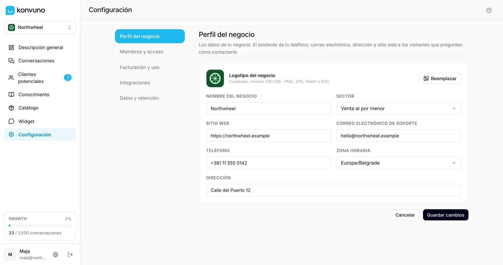 La pantalla de configuración, abierta en el perfil del negocio
