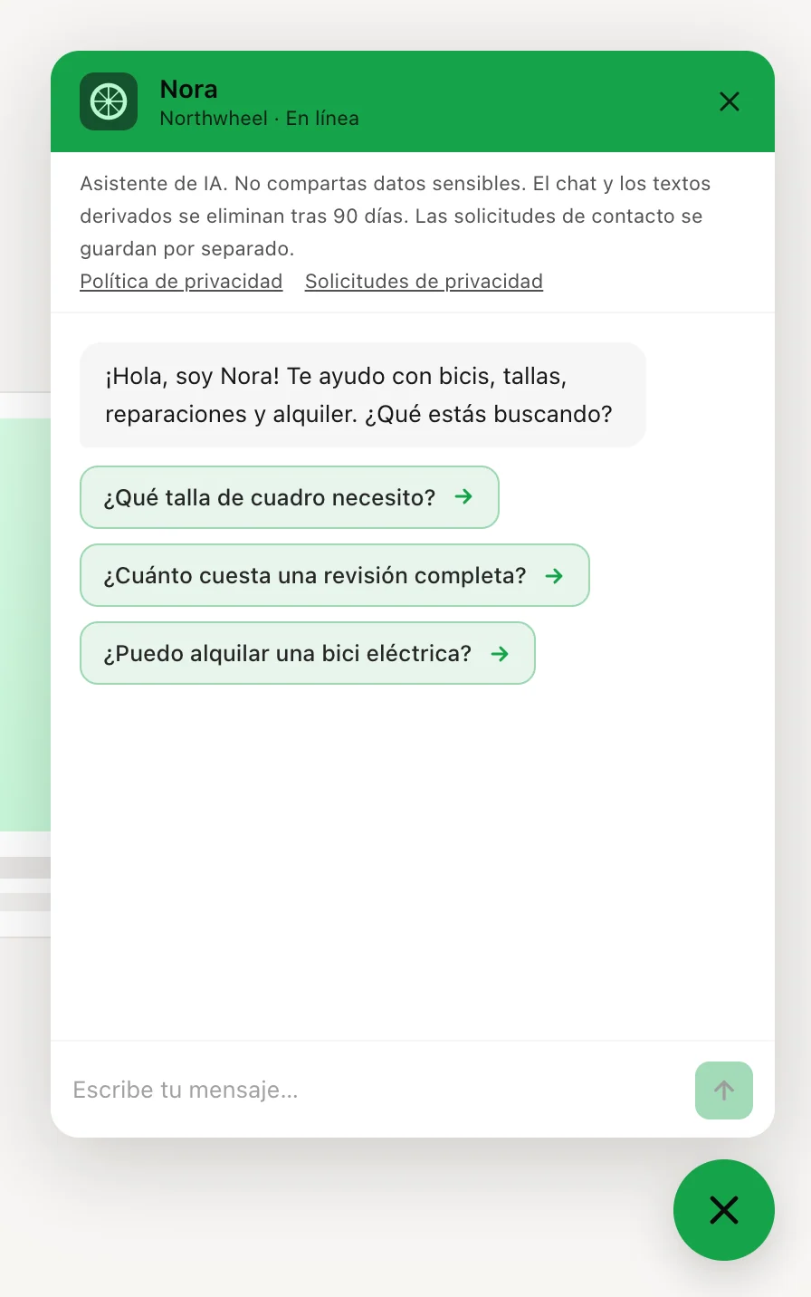El chat abierto: encabezado, aviso de privacidad, mensaje de bienvenida y preguntas sugeridas