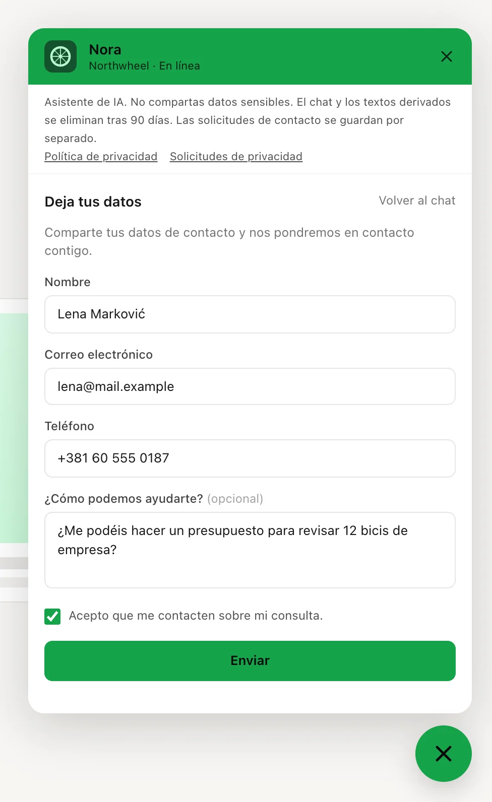 El formulario de contacto, rellenado y con la casilla de consentimiento marcada