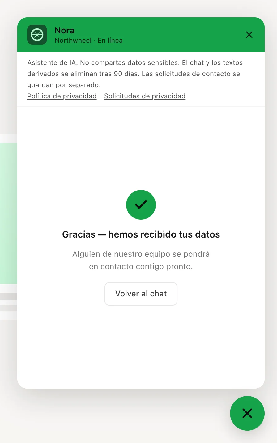 La confirmación después de enviar el formulario de contacto