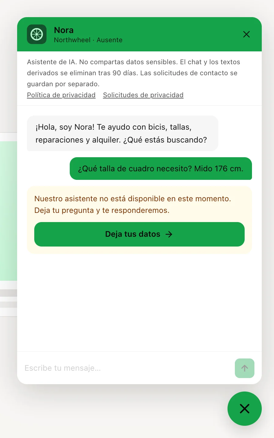 El chat en pausa: el aviso de no disponibilidad con el botón de contacto