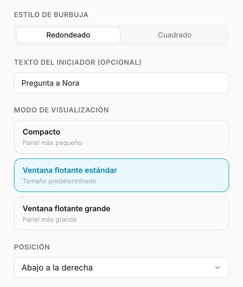 Estilo de las burbujas, texto del botón, modo de visualización y posición