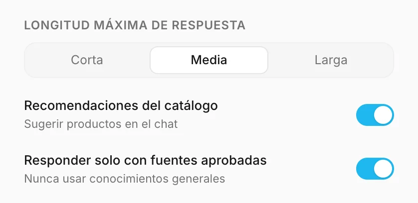 Longitud de las respuestas, recomendaciones del catálogo y fuentes aprobadas