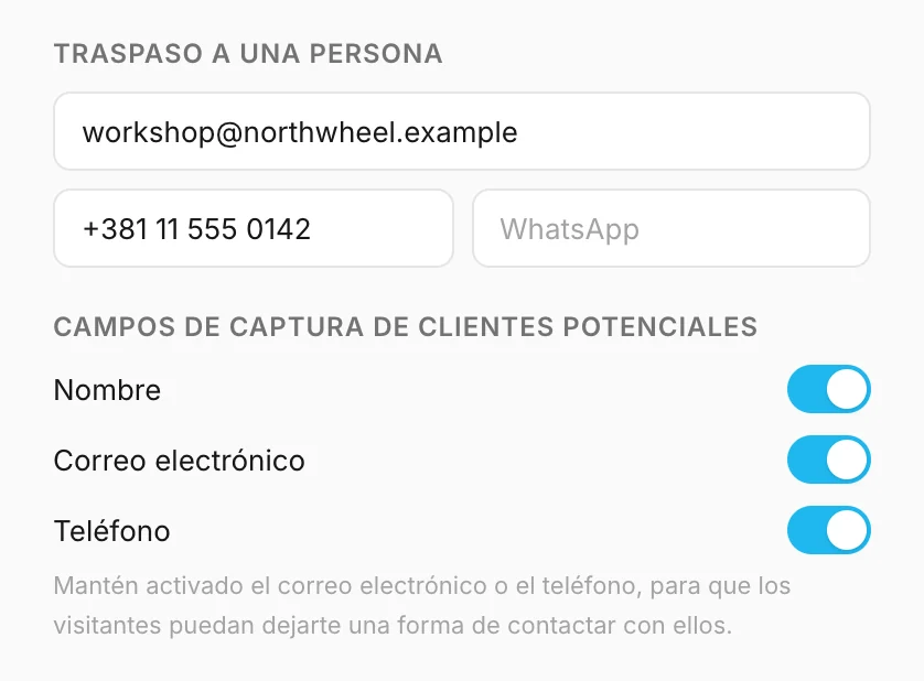 Paso a una persona y campos del formulario de contacto