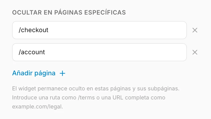 Páginas en las que el widget se oculta