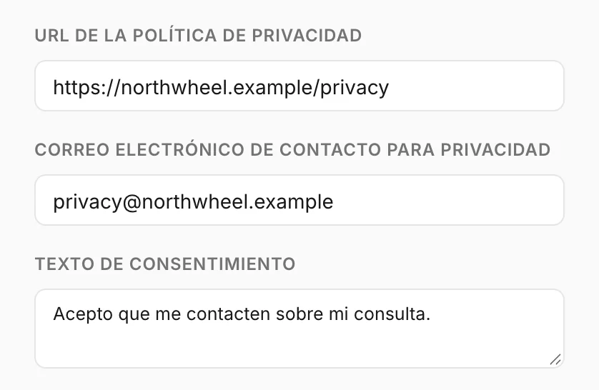 Política de privacidad, contacto de privacidad y texto de consentimiento