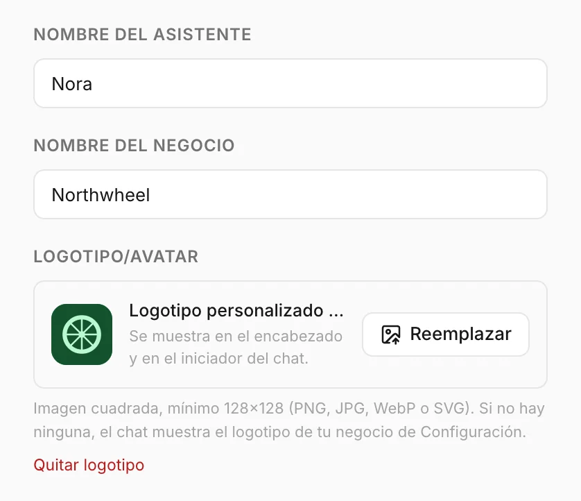 Nombre del asistente, nombre del negocio y logo en la pestaña Identidad