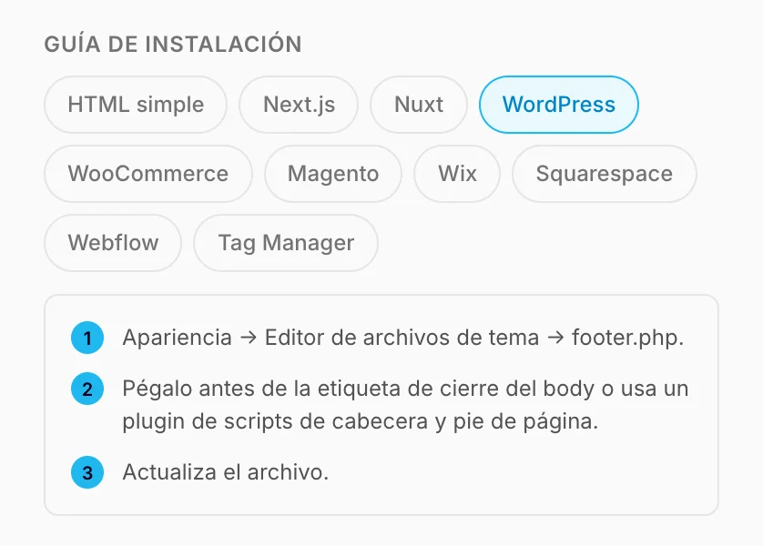 La guía de instalación, con los pasos para WordPress
