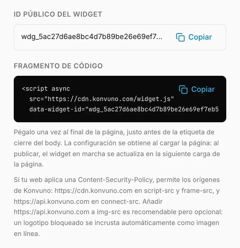 El ID del widget y el fragmento de código
