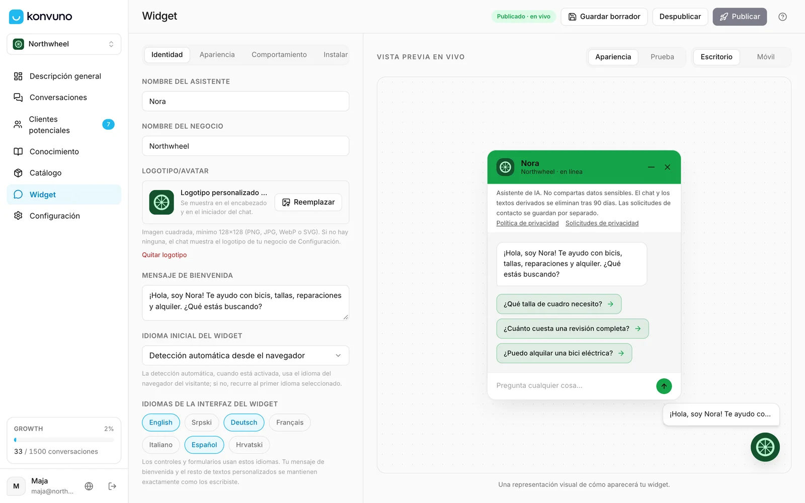La pantalla del widget: los ajustes a la izquierda y una vista previa en directo a la derecha