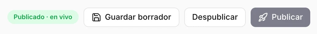 El estado y los botones de guardar y publicar en la parte superior de la pantalla