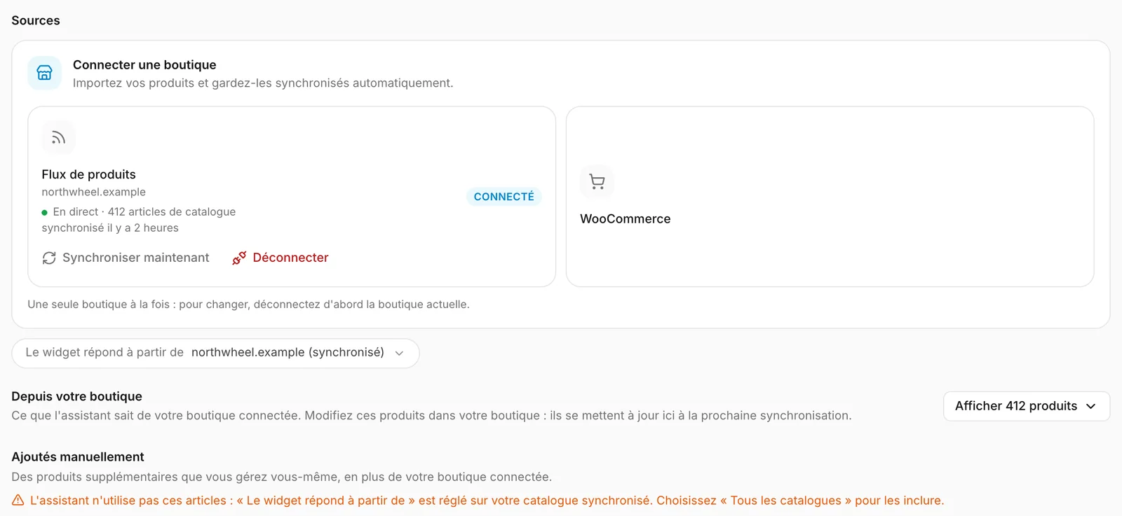Un flux connecté, et le catalogue utilisé par l'assistant