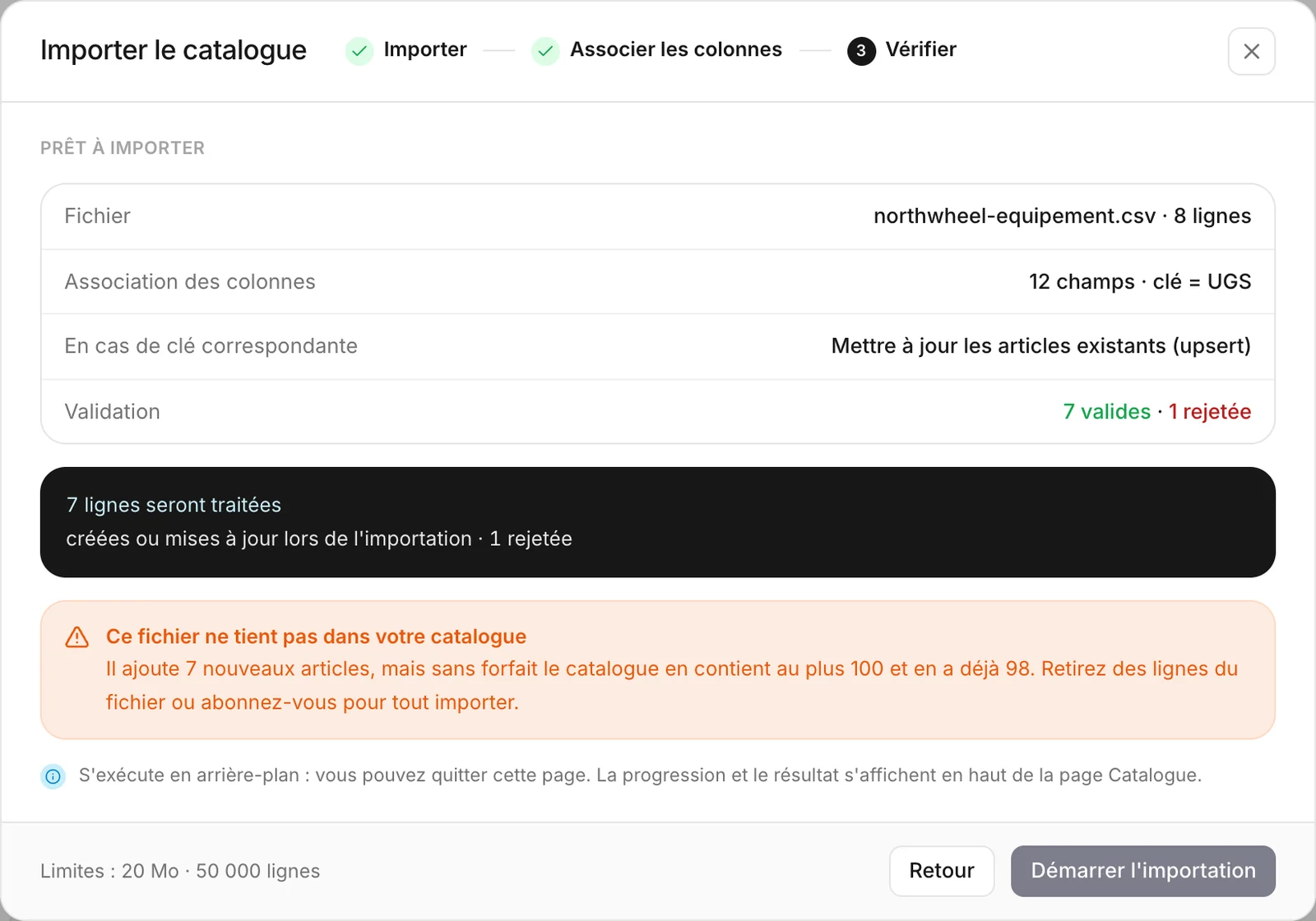 La dernière étape d'un import, arrêtée parce que les nouveaux articles ne tiennent pas