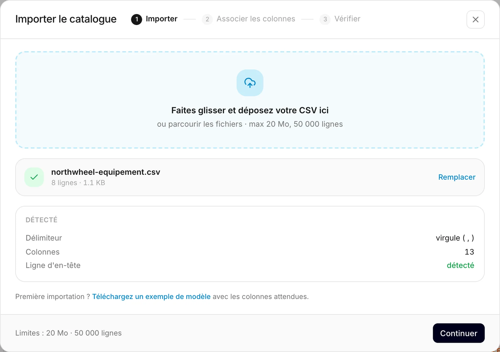 L'étape d'import avec un fichier choisi