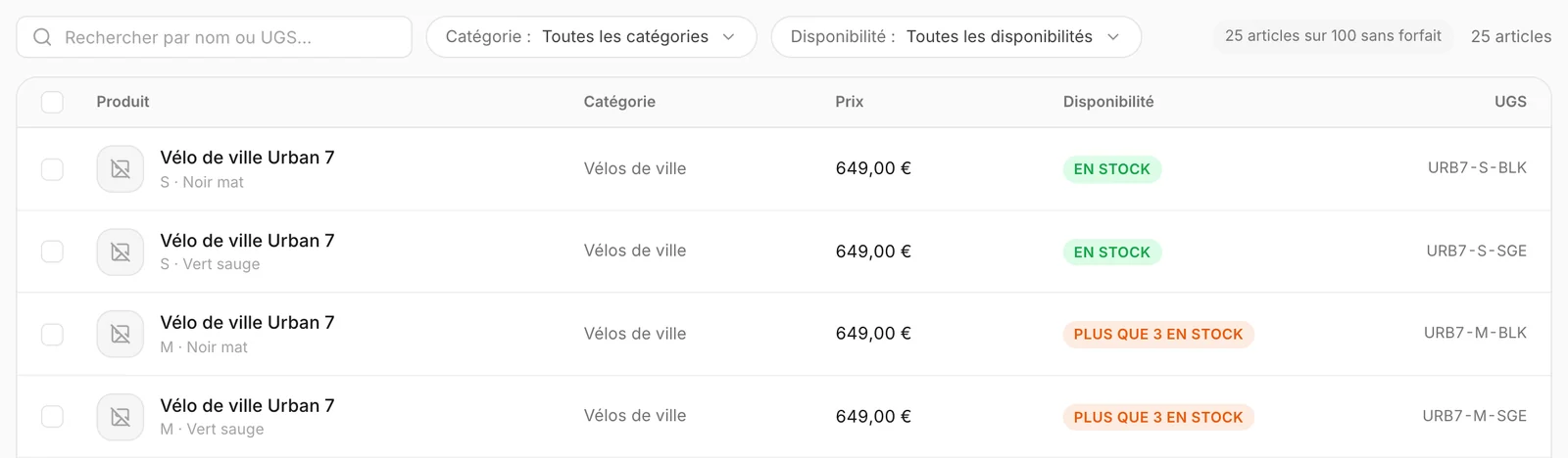 Une entreprise sans forfait, qui a utilisé 25 de ses 100 articles