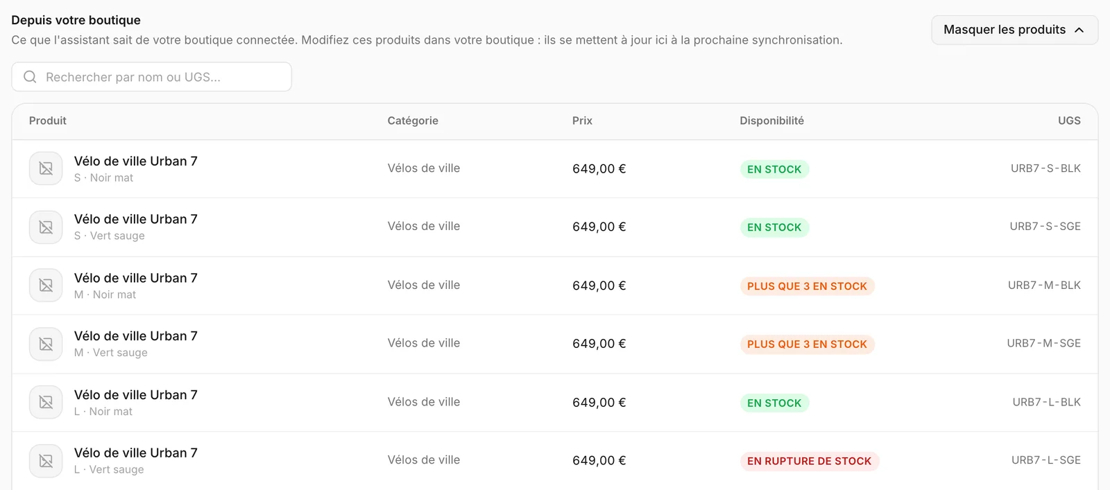 Les produits d'une boutique connectée, listés et consultables par recherche