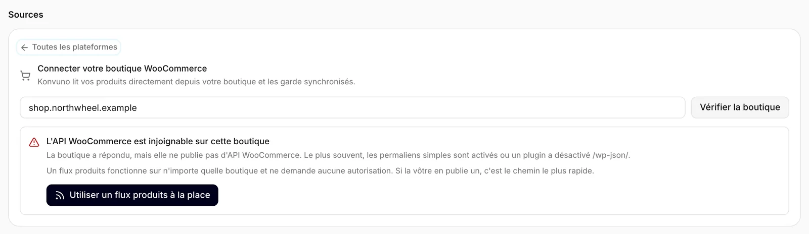 La vérification n'a trouvé aucune API WooCommerce et propose un flux de produits