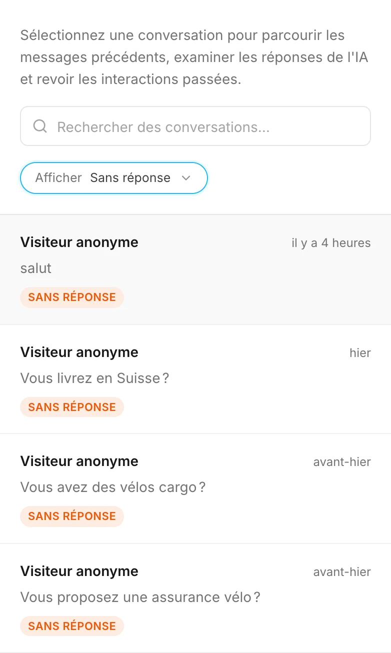 Le filtre Sans réponse : des salutations et des questions auxquelles l'assistant n'a pas pu répondre