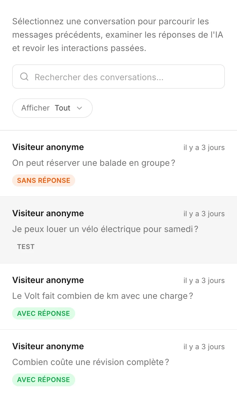 Étiquettes dans la liste : conversation avec réponse, échange de test et trafic automatisé