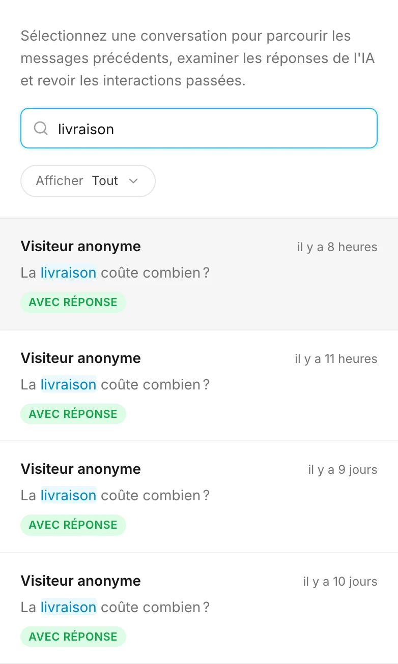 Des résultats de recherche avec le mot trouvé surligné