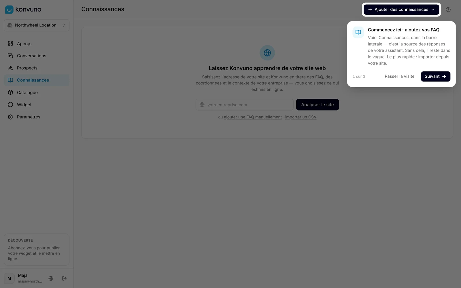 La première étape de la visite, dans l'écran Connaissances