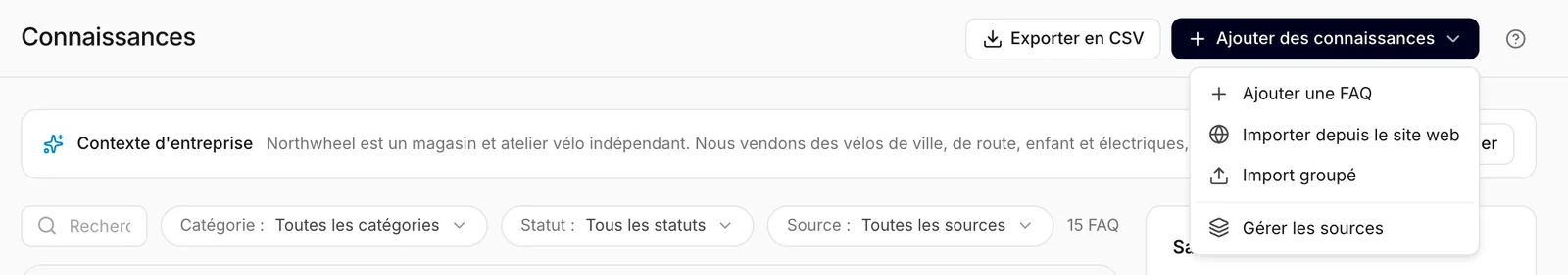 Le menu Ajouter des connaissances en haut de l'écran