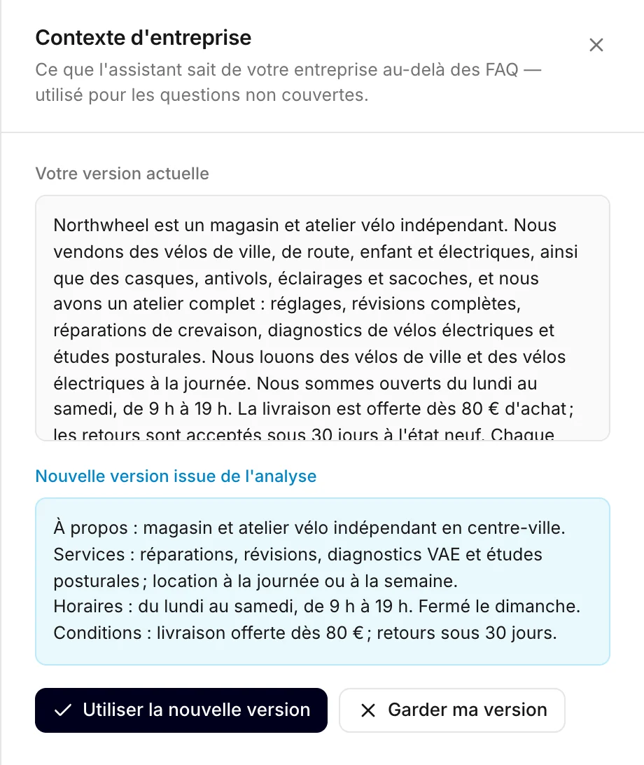 Votre version actuelle et la nouvelle, issue de l'analyse