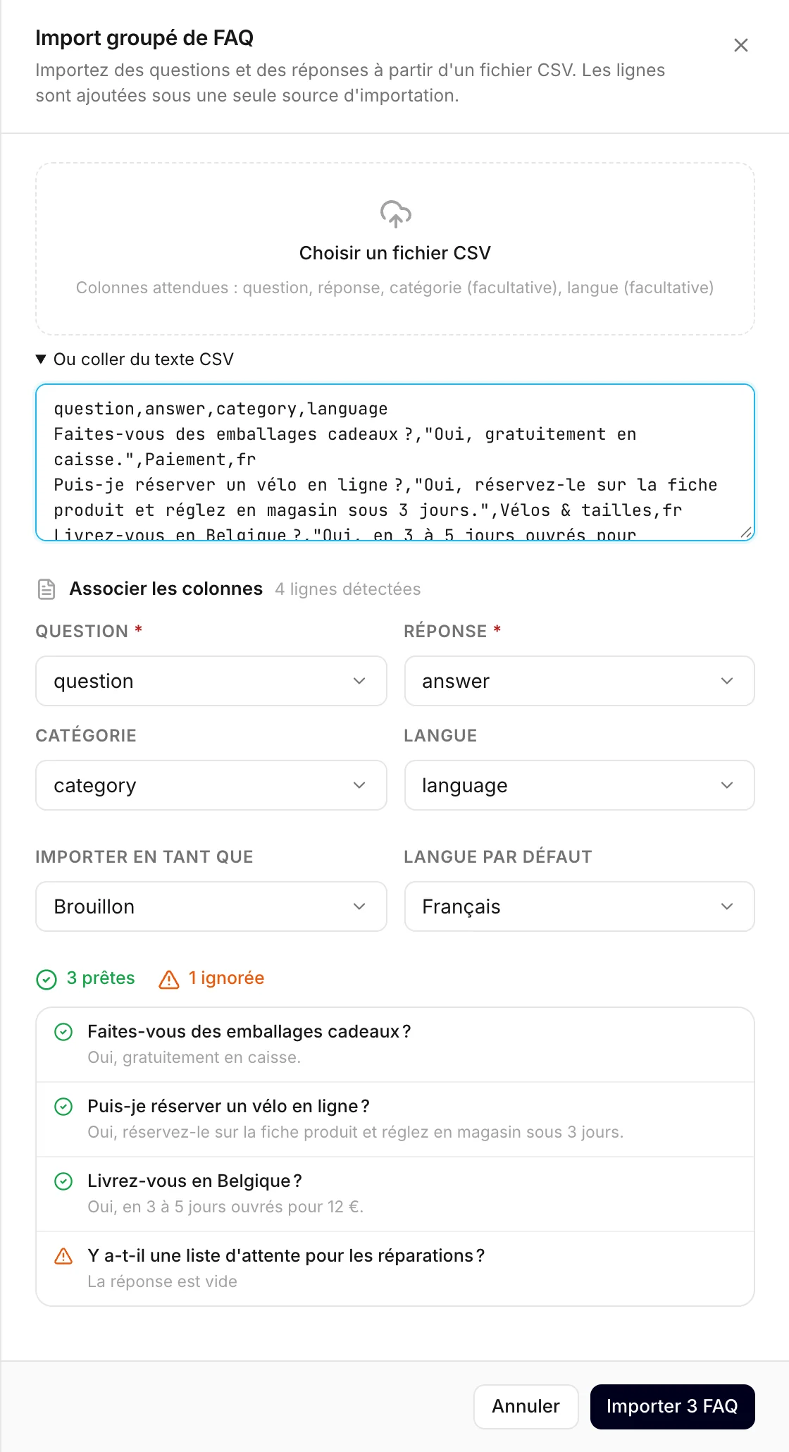Un CSV collé, avec les colonnes associées et un aperçu des lignes