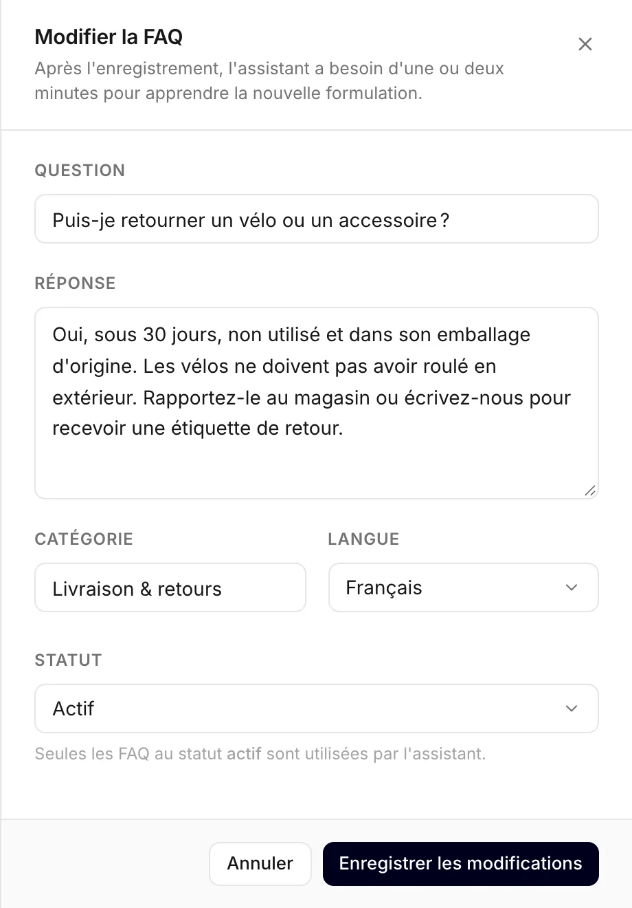 Le formulaire de FAQ, ici pour modifier une FAQ existante