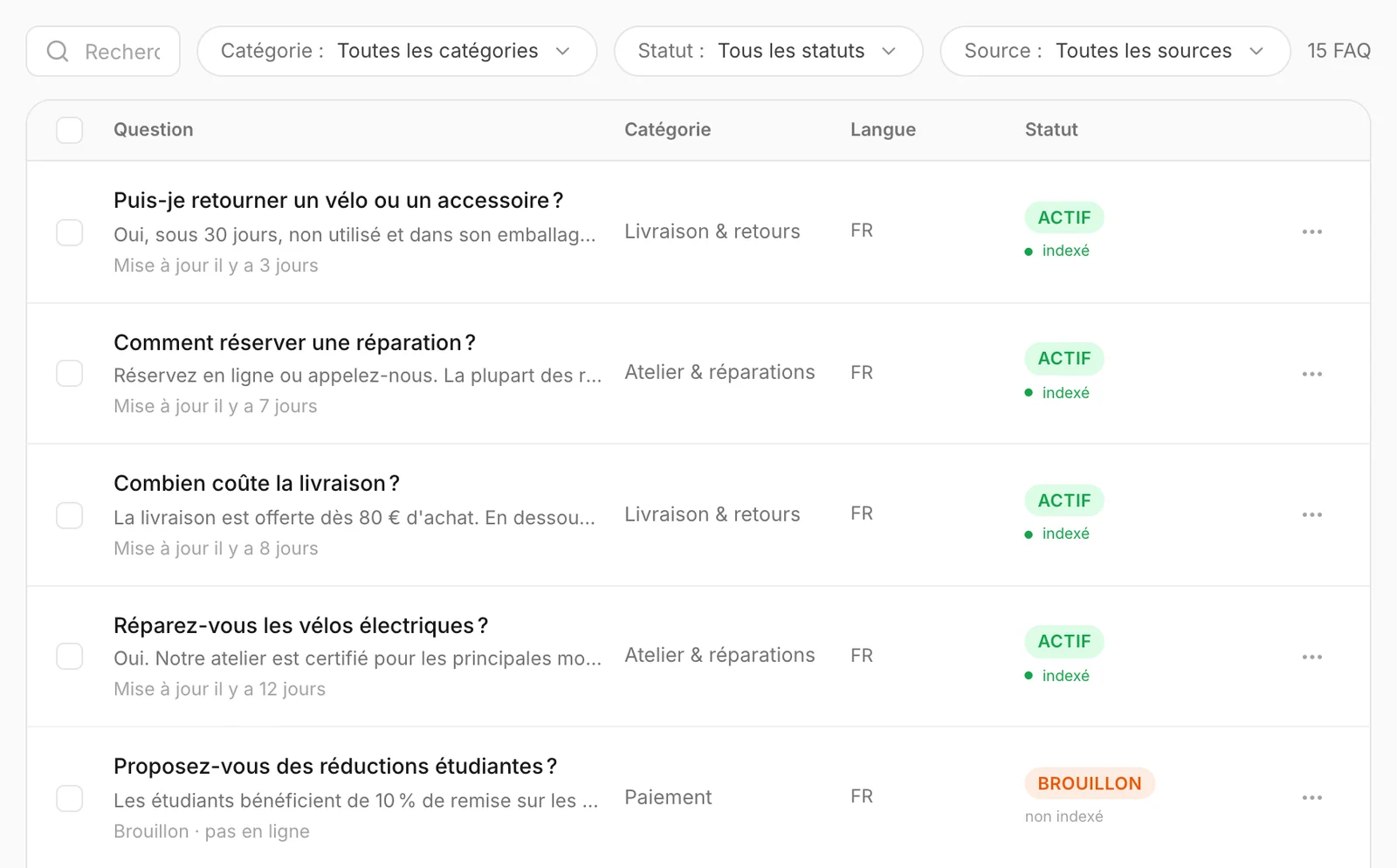 La liste des FAQ : les badges de statut, avec la ligne d'indexation en dessous