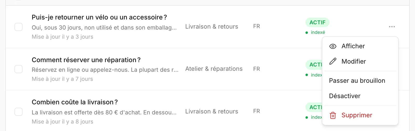 Le menu au bout d'une ligne de FAQ