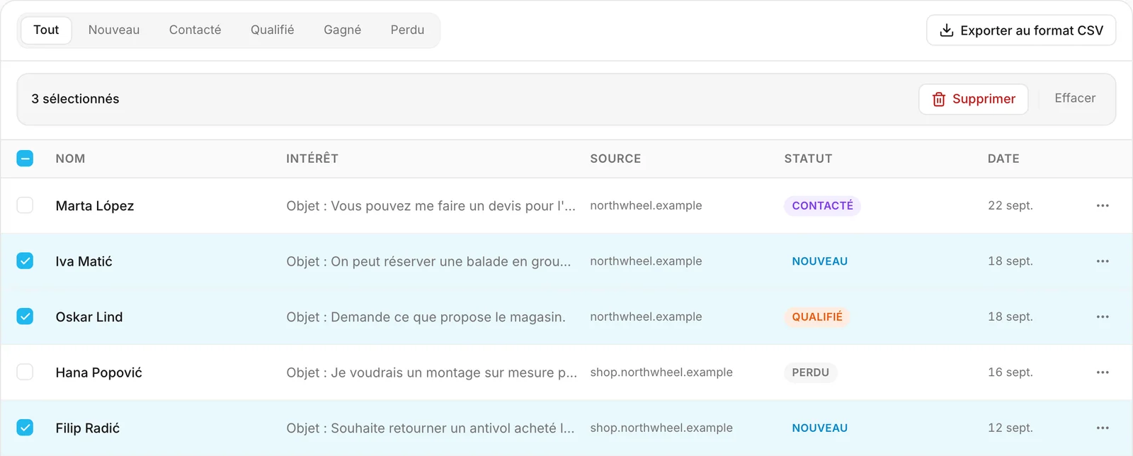 Trois prospects sélectionnés, et la barre avec le bouton de suppression au-dessus de la liste