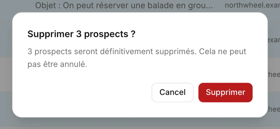 Konvuno demande confirmation avant de supprimer les prospects sélectionnés