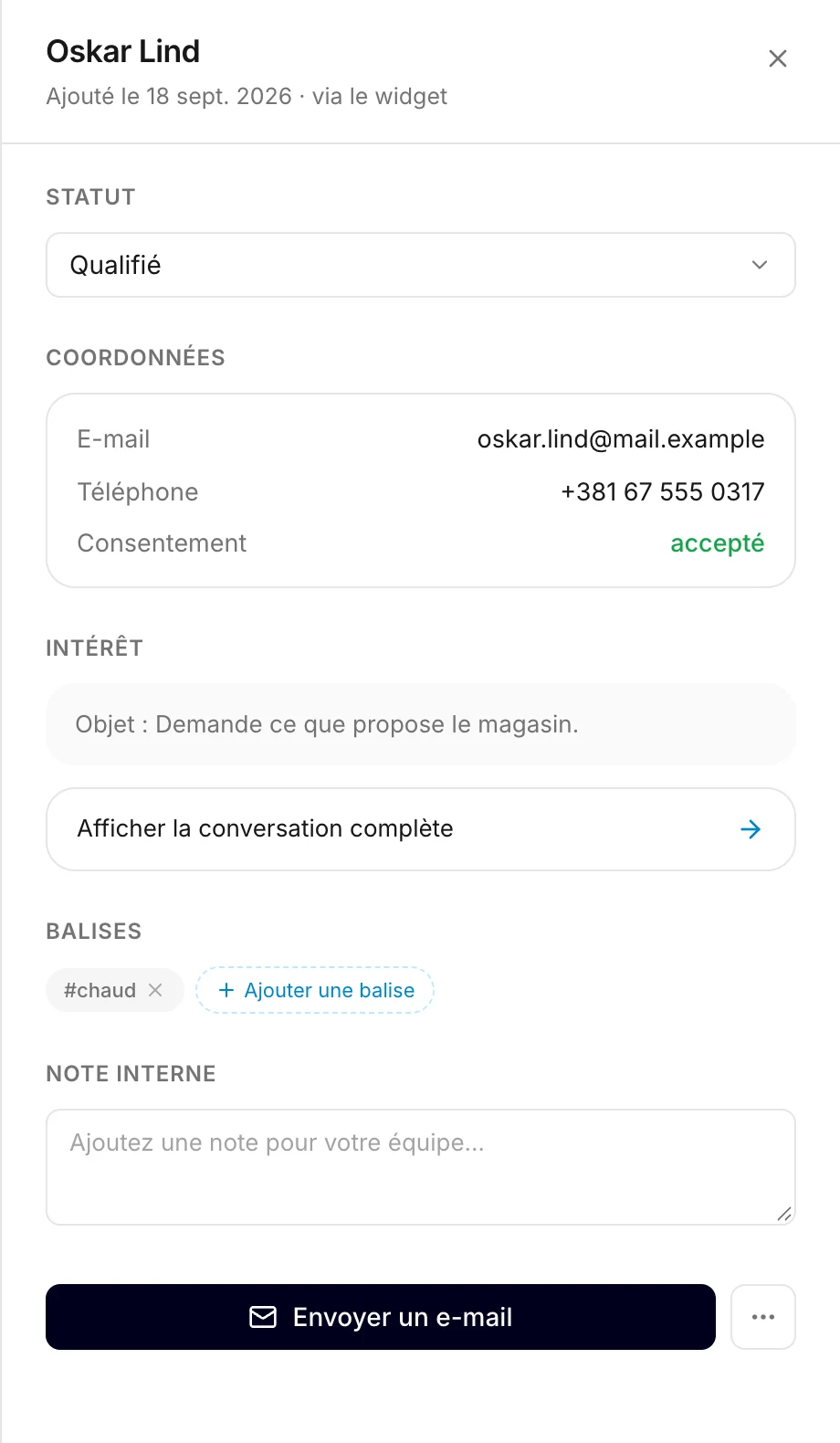 Un prospect ouvert : statut, coordonnées, sa demande, balises et une note interne