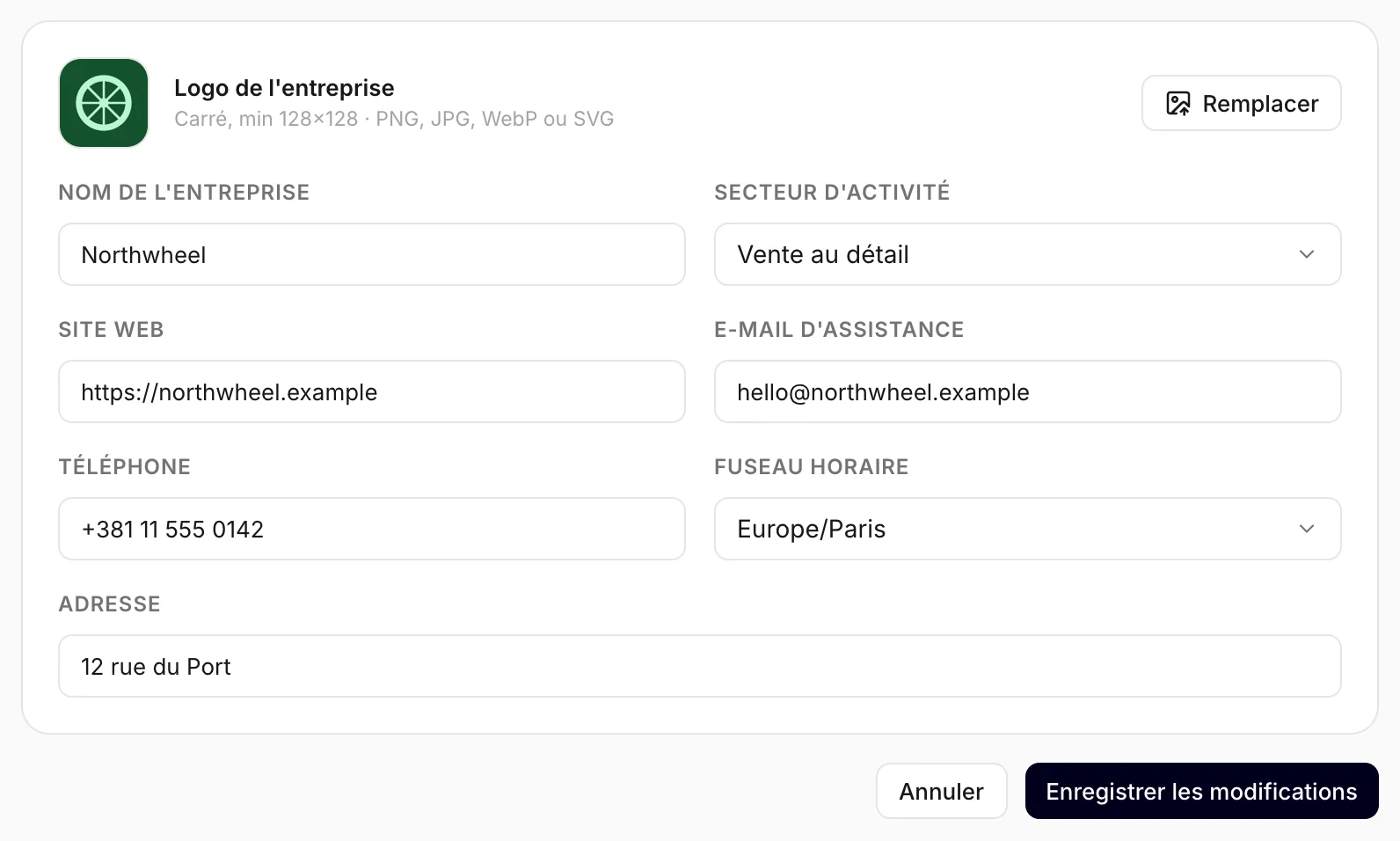 Le profil d'entreprise, avec le champ E-mail d'assistance