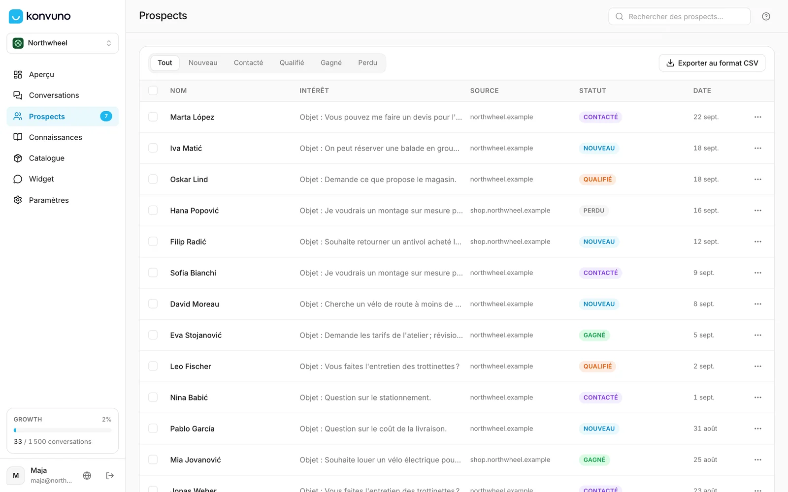 L'écran Prospects : les filtres de statut, la zone de recherche et la liste des prospects