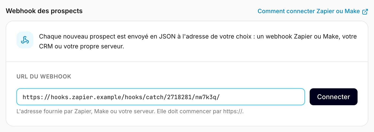 La carte du webhook dans les Paramètres, avec une adresse Zapier saisie