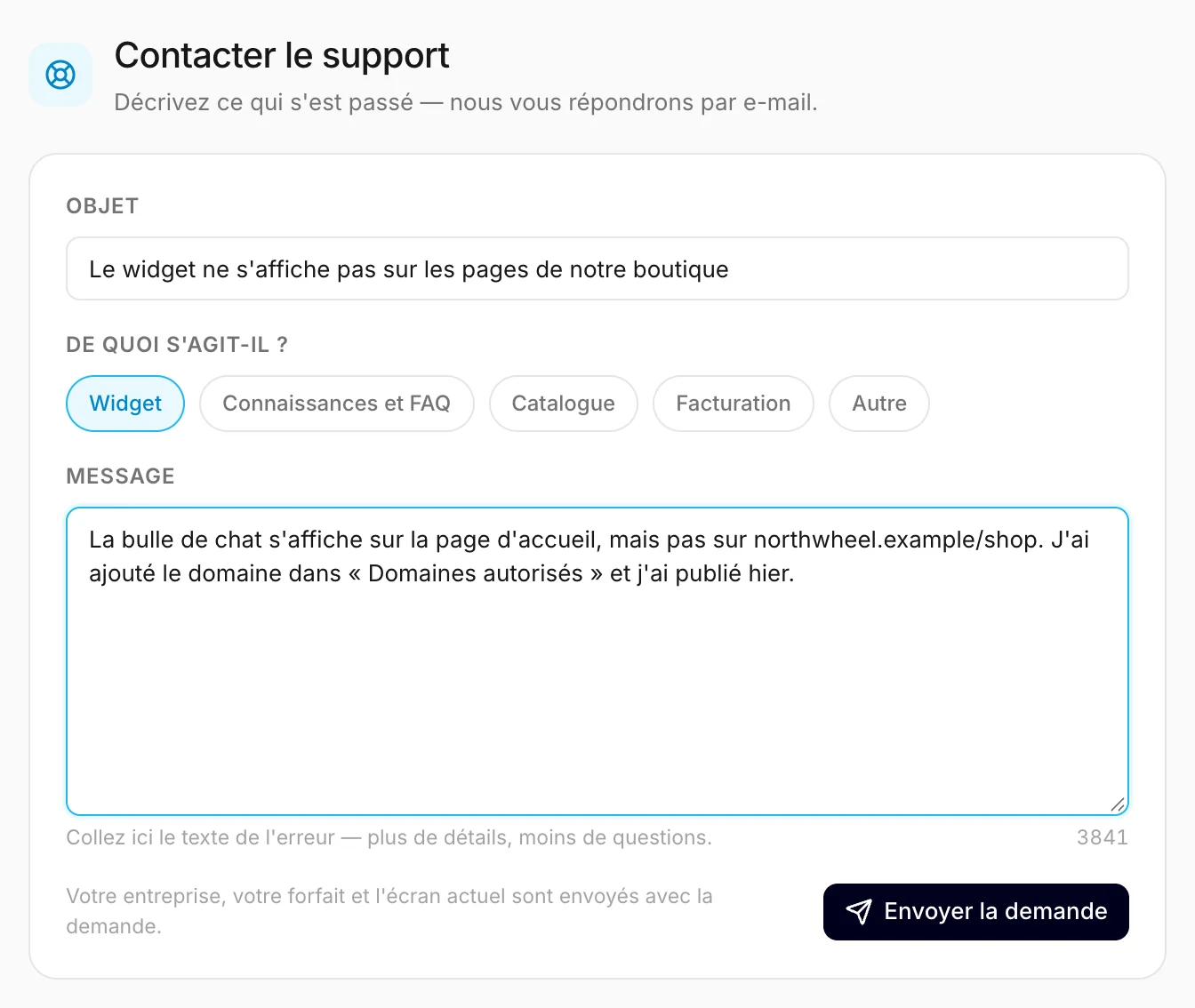 Le formulaire d'assistance