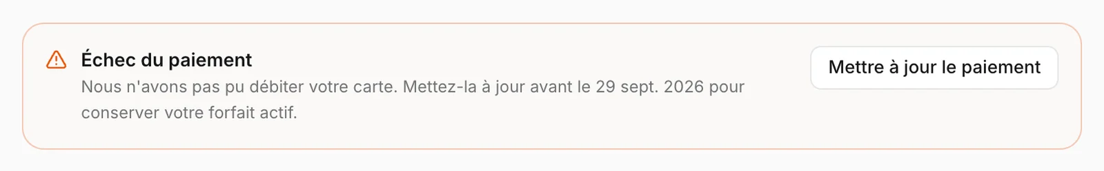 Le bandeau après un échec de paiement