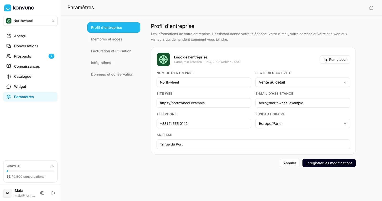 L'écran Paramètres, ouvert sur le profil d'entreprise
