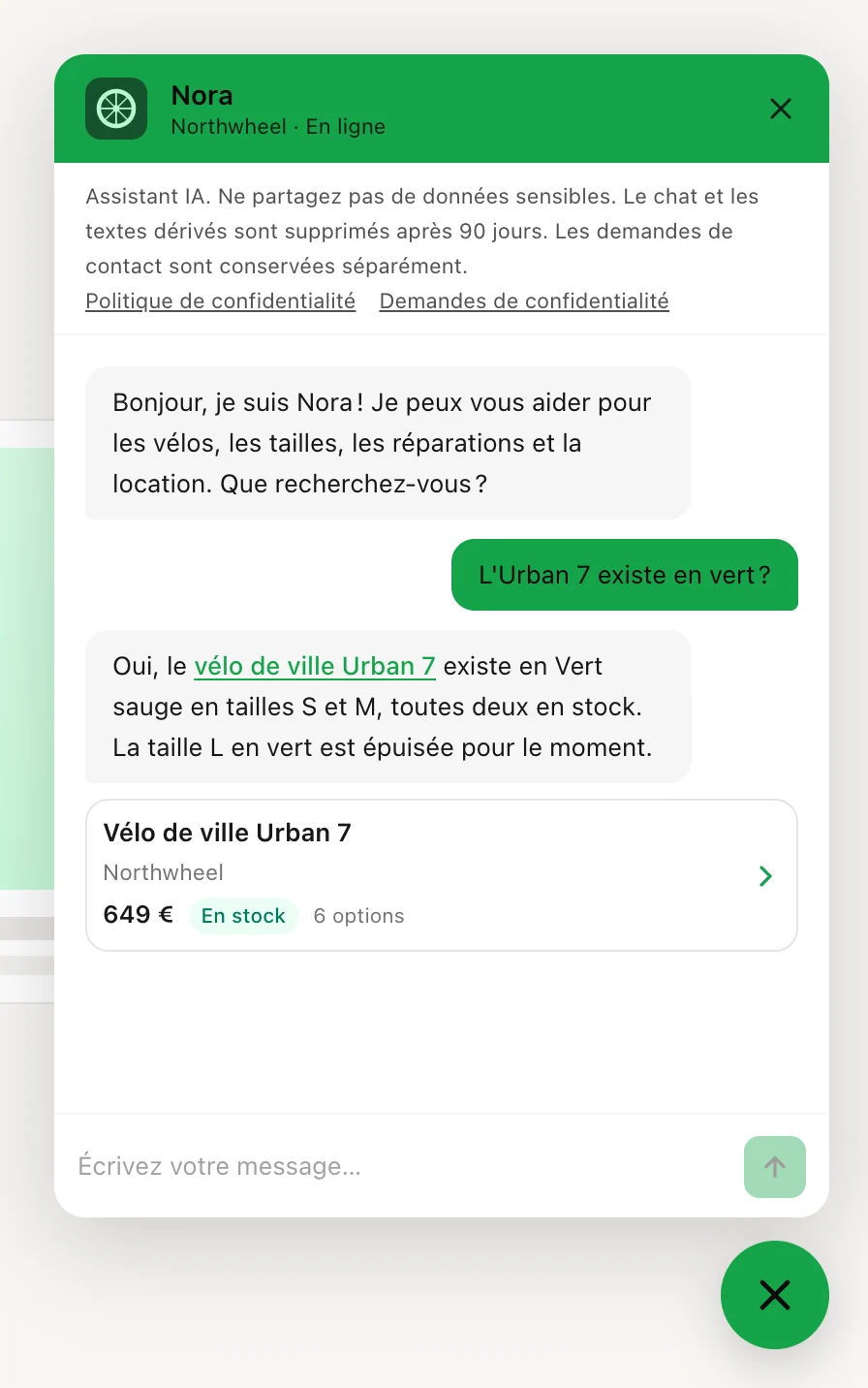 Une réponse qui cite un produit, avec sa fiche produit en dessous