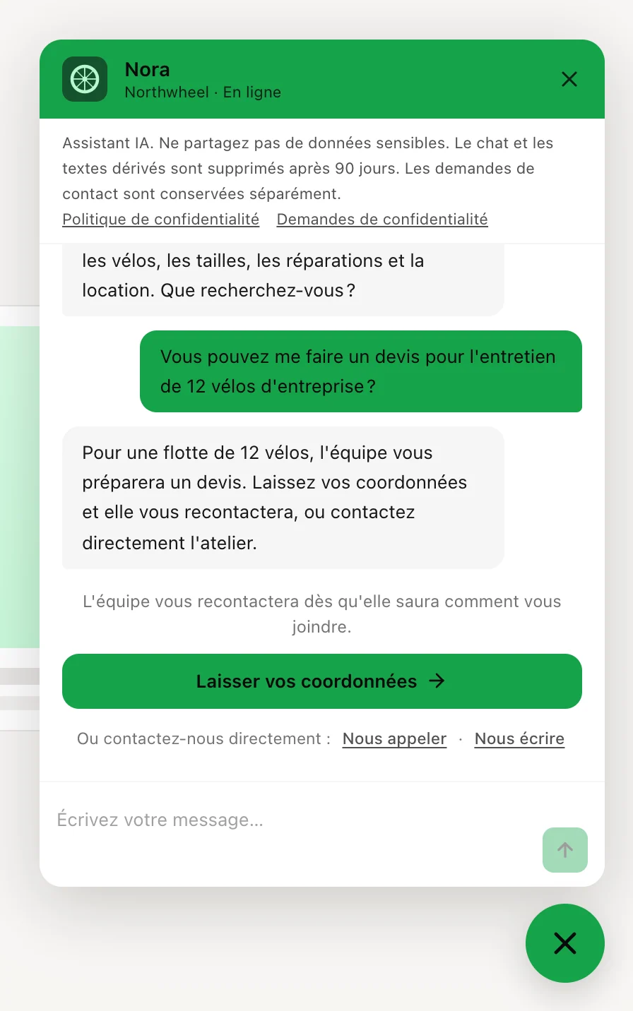 Une réponse qui transfère le visiteur, avec le bouton de contact et les coordonnées directes en dessous