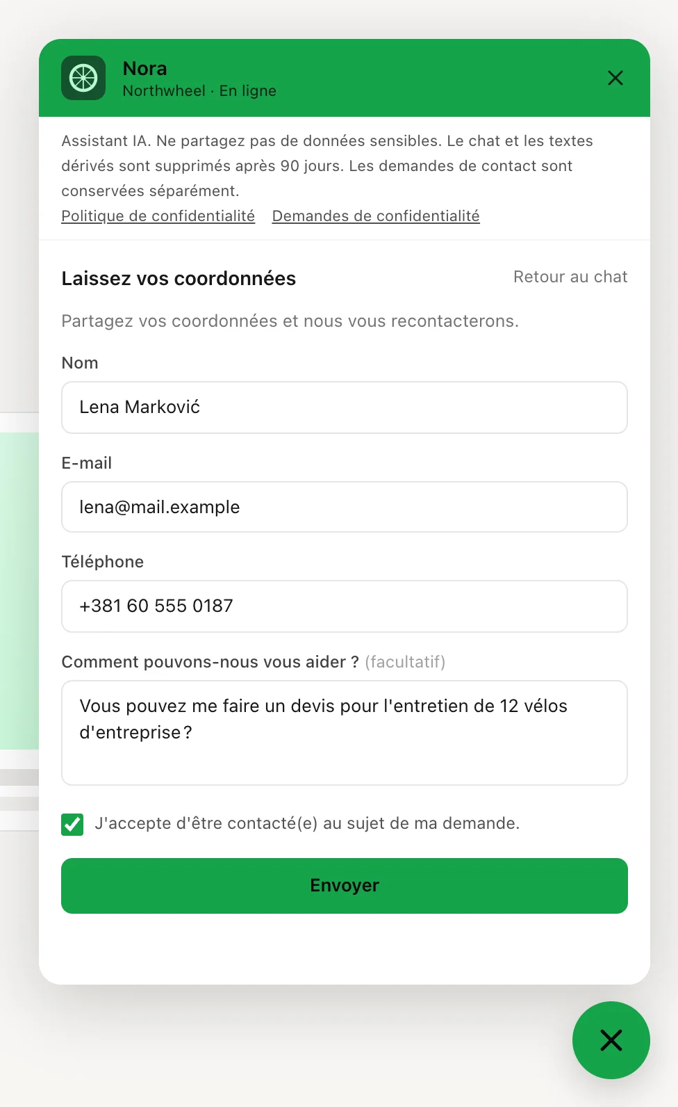 Le formulaire de contact rempli, avec la case de consentement cochée