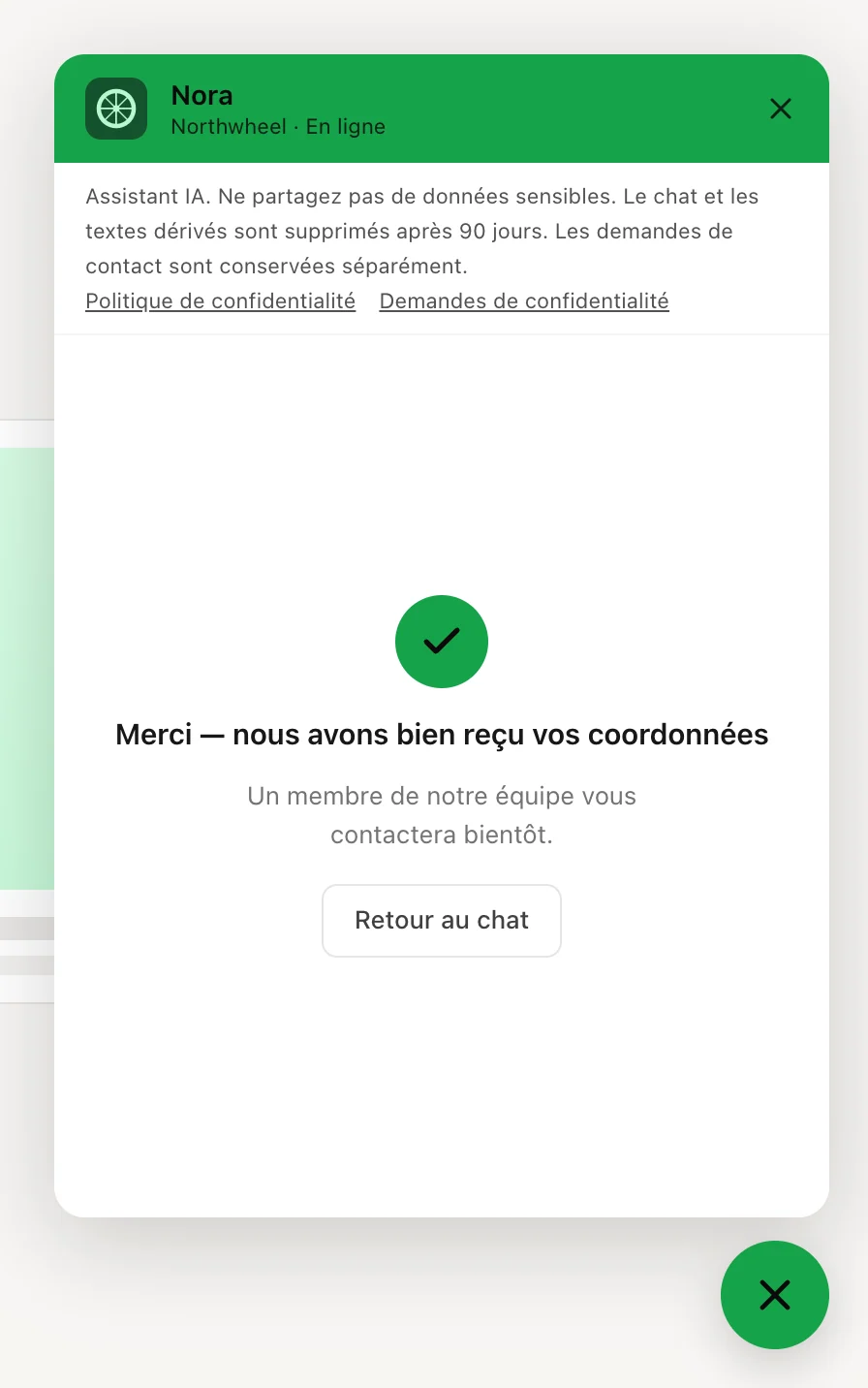 La confirmation après l'envoi du formulaire de contact