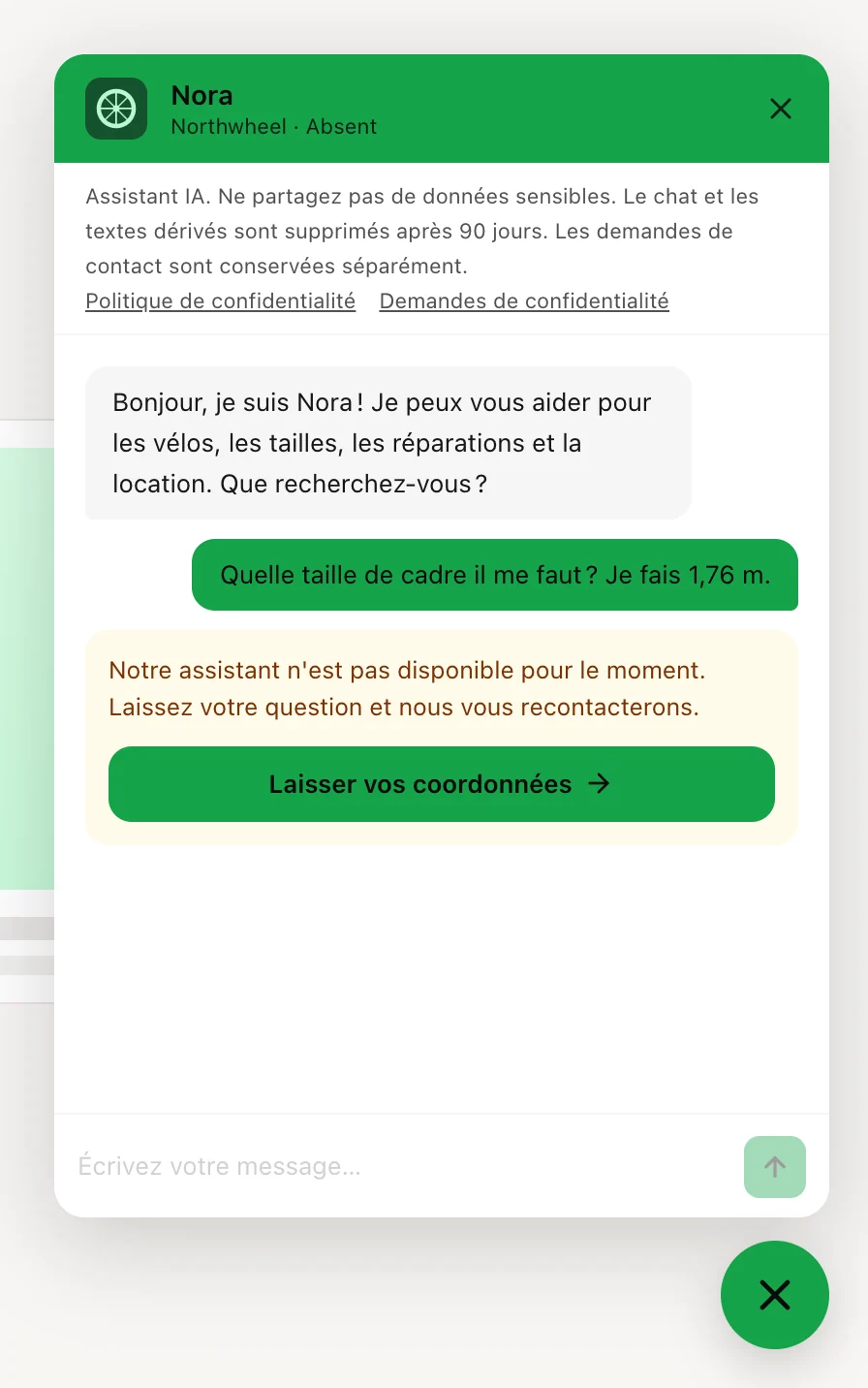 Le chat en pause : le message d'indisponibilité avec le bouton de contact