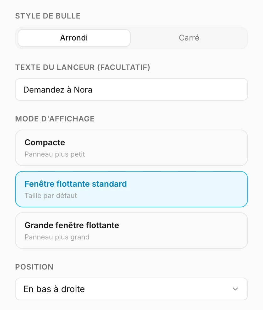 Style des bulles, texte du lanceur, mode d'affichage et position
