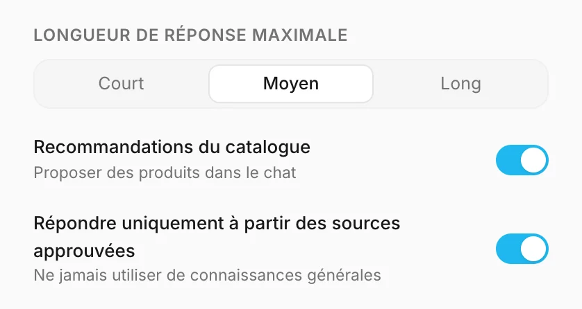 Longueur des réponses, recommandations du catalogue et sources approuvées