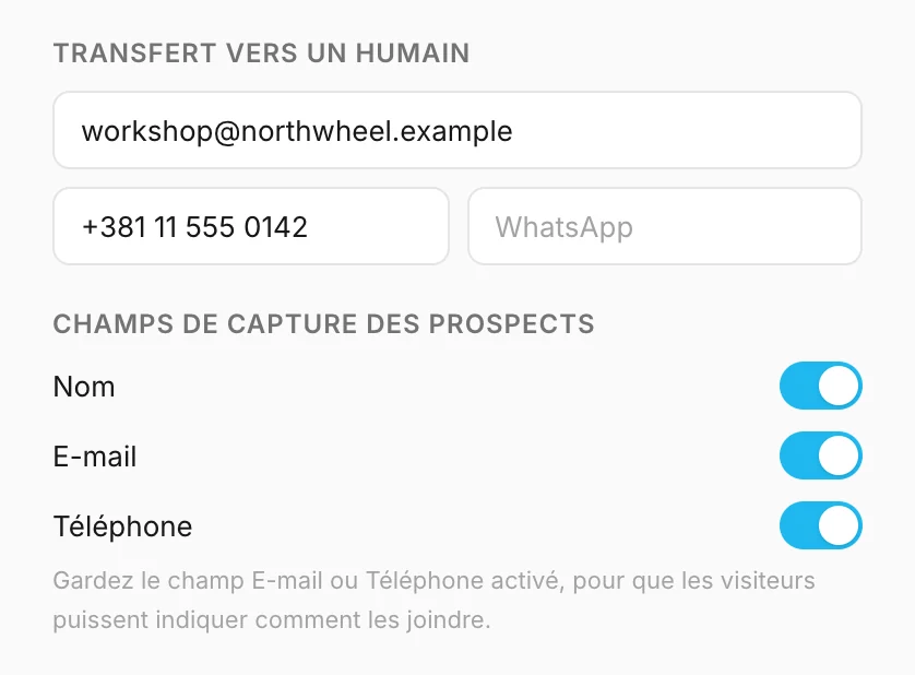 Transfert vers une personne et champs de capture des prospects
