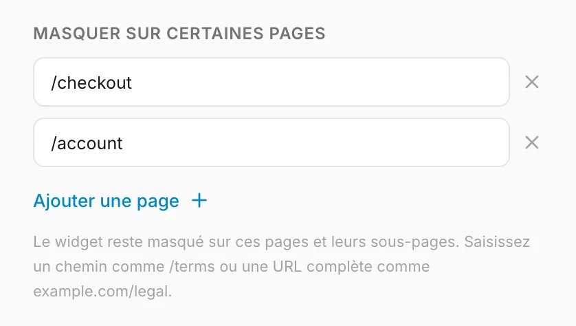 Les pages où le widget reste masqué